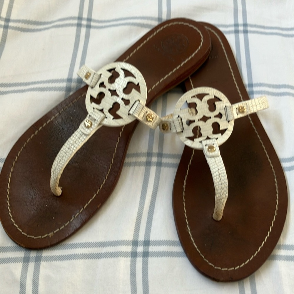 Tory Burch White and Brown Miller Sandals with Logo Medallions